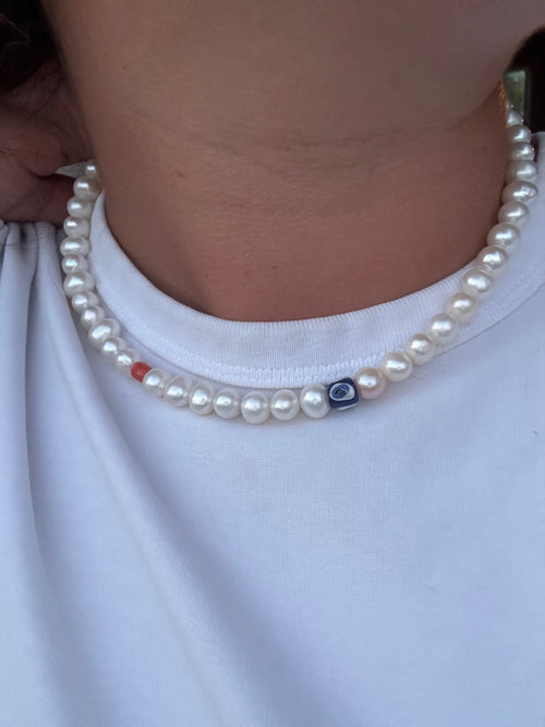 Fresh water pearl Evil Eye Necklace